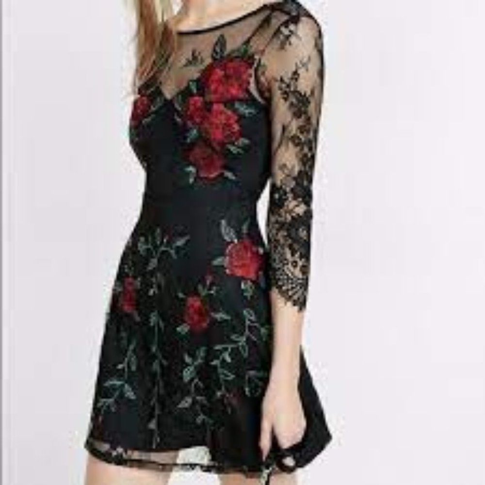 Black Lace Rose Embroidery mini dress Express - Sz S